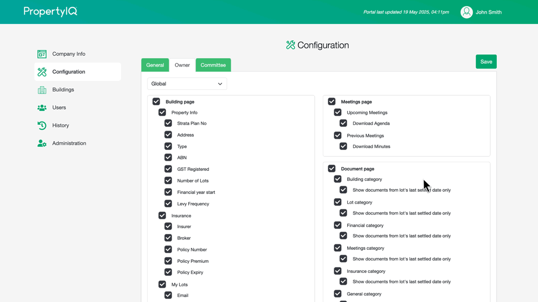 An animation highlighting how to enable editing of delivery preferences from the Configuration page of PropertyIQ Portal strata manager login.