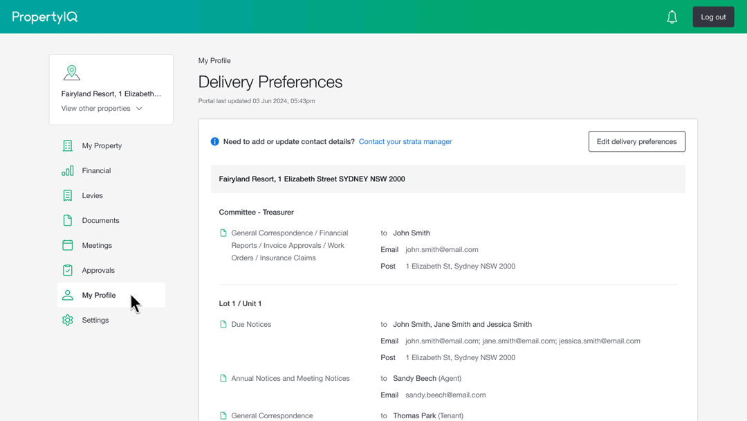 An animation highlighting how to enable editing of delivery preferences from the Configuration page of PropertyIQ Portal strata manager login.