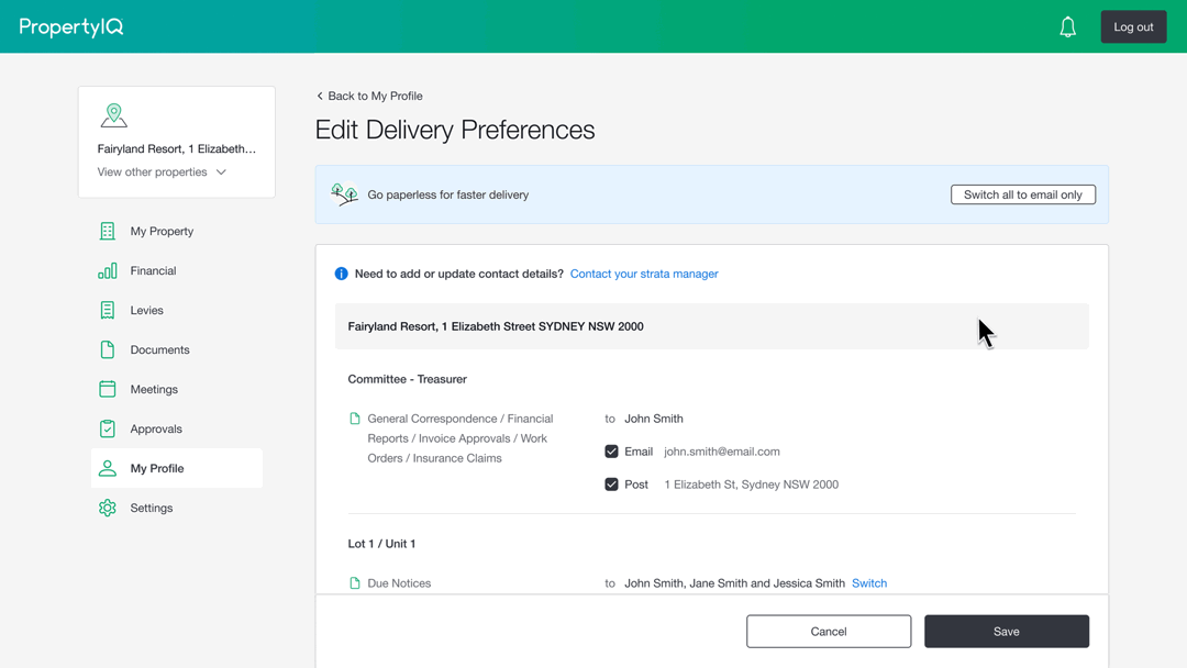 An animation highlighting how to enable editing of delivery preferences from the Configuration page of PropertyIQ Portal strata manager login.