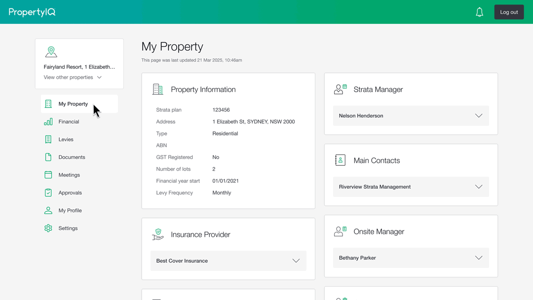 An animation showing how to navigate to My Profile in PropertyIQ Portal